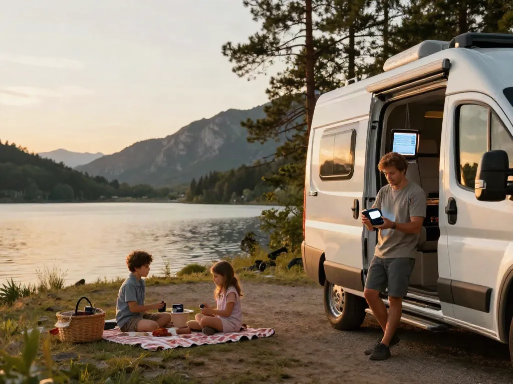 A family enjoying their camper van adventure by a serene lakeside, showcasing a lithium battery for RV monitored via Bluetooth, in a warm sunset glow.