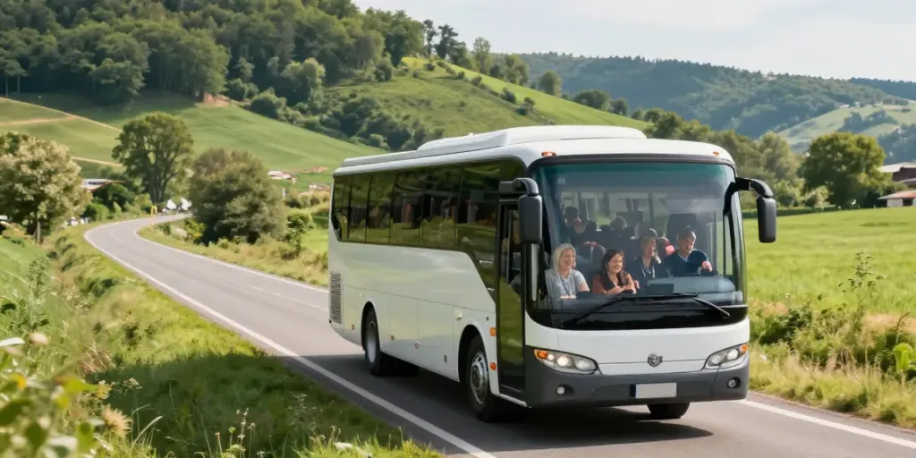 Transport Moldova Belgia - Pasageri fericiți călătorind confortabil cu autobuzul prin peisaje verzi