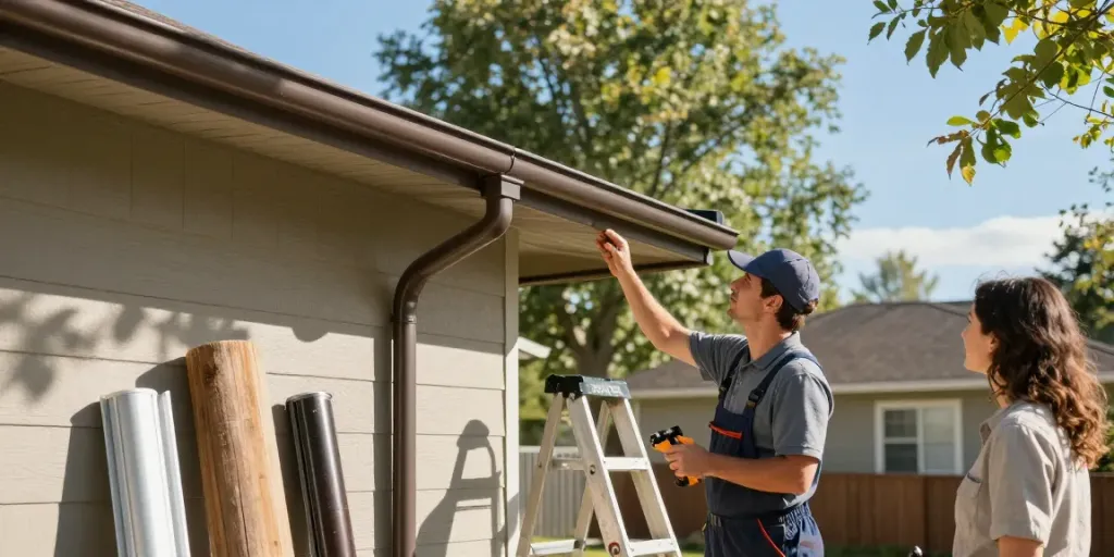 Spokane seamless gutter installation with contractor inspecting new system on a sunny day.