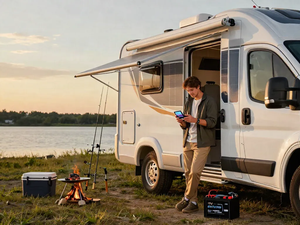 Person outdoors examining 12V lithium batteries next to an RV at a picturesque lake.