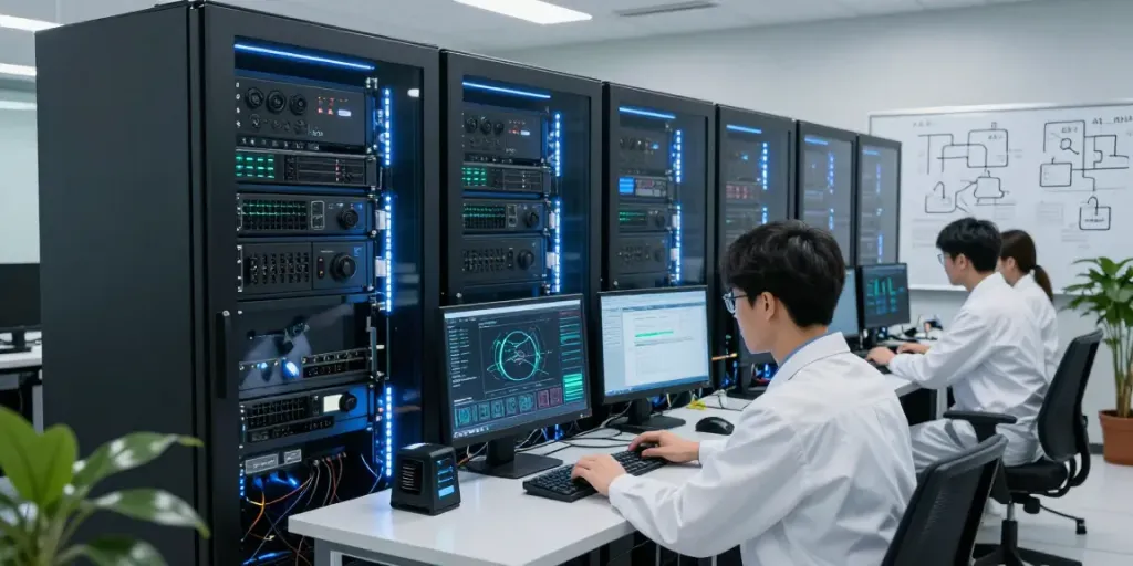 AI data center with GPU servers and technicians monitoring performance metrics in a high-tech environment.