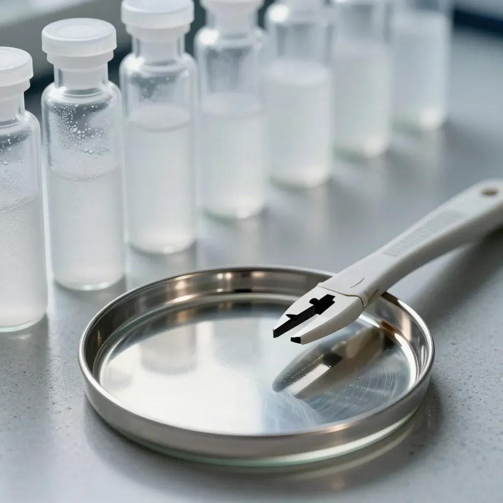 Frosted lab vials, petri dish, and ceramic forceps on a stone surface.
