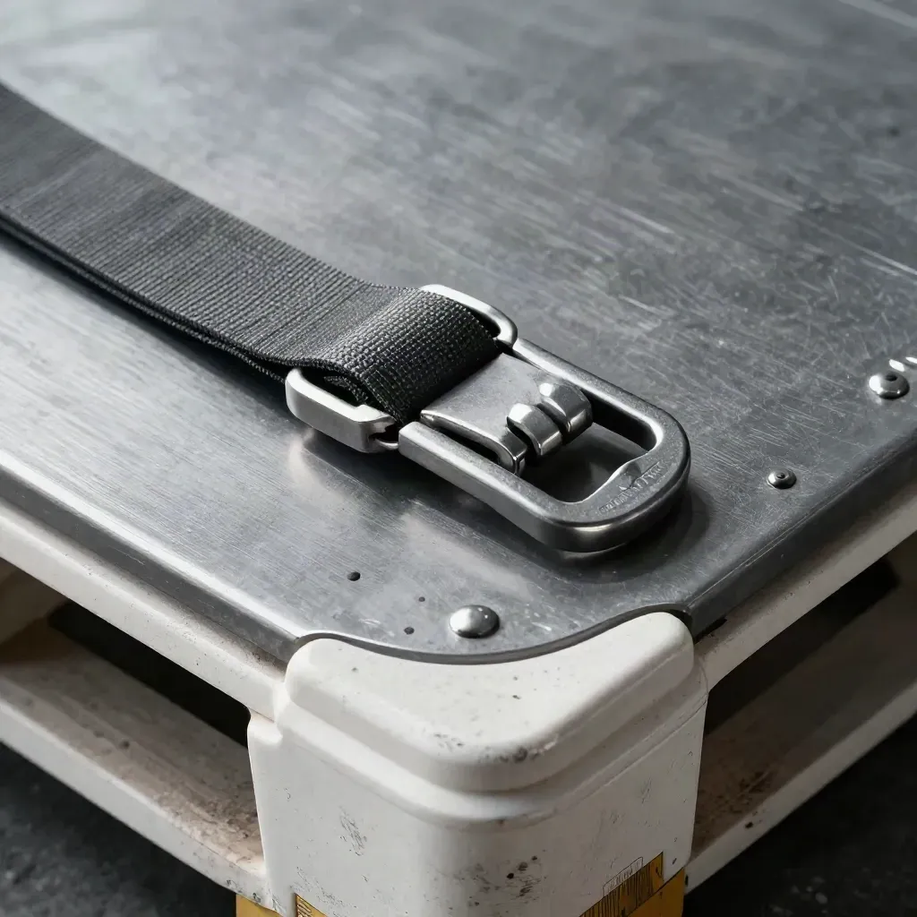 Ratchet strap buckle, cargo seal, and pallet protector on brushed metal under hard warehouse light.