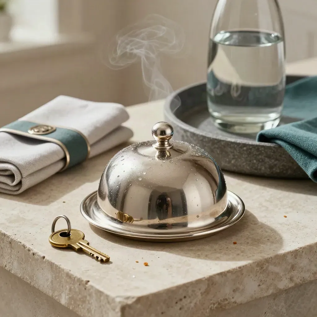 Silver hotel cloche, brass key ring, linen band, and stone tray on pale stone with steam