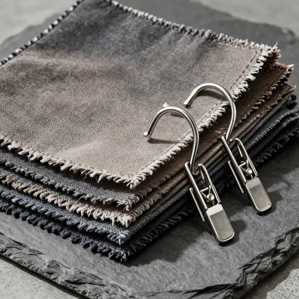 Canvas swatches, steel hooks, and garment clips on slate concrete in dramatic studio light