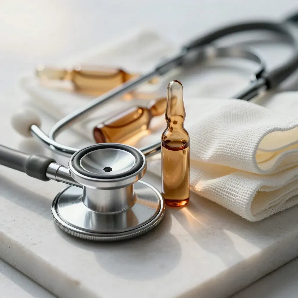 Macro still life of stethoscope earpieces, amber ampoules and gauze on white stone