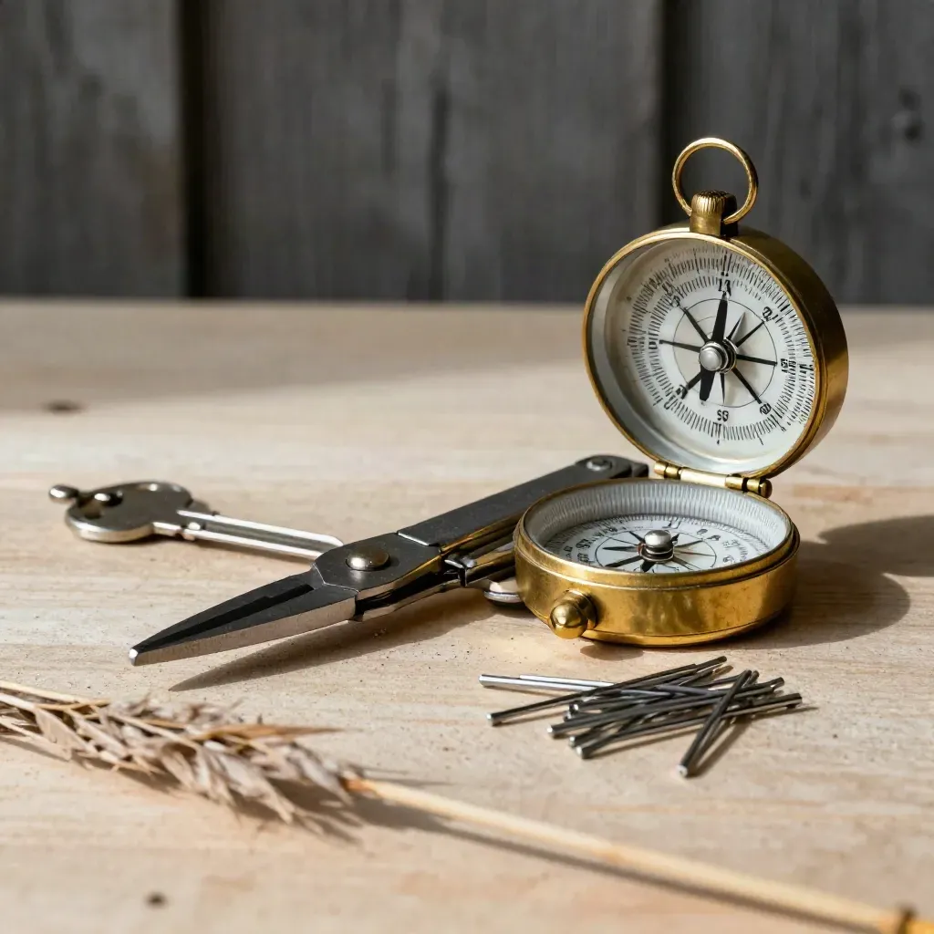 Open pruning shears, folding compass and maintenance pins on sanded wood, lit dramatically.