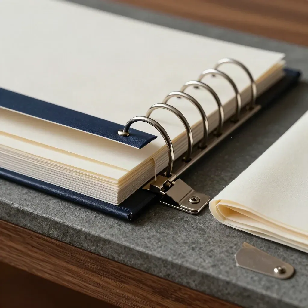 Macro of a ring binder snapping shut beside stacked dividers and metal index tabs on stone.