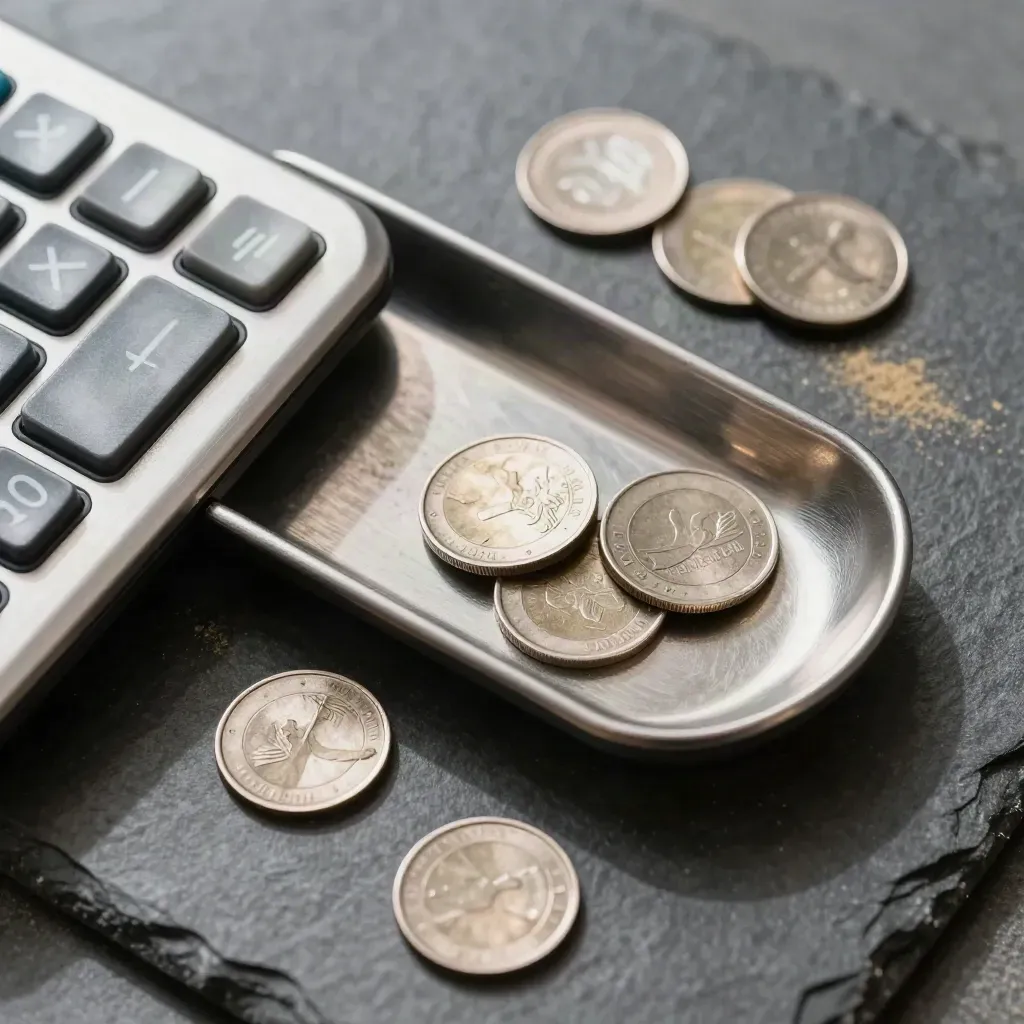 Top-down calculator, coins, and a coin tray with one coin dropping in dramatic studio light.