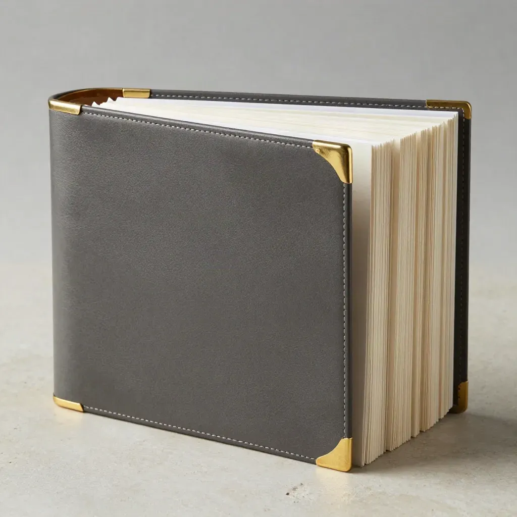 Graphite binder with brass corners and white tabs on pale stone, close macro
