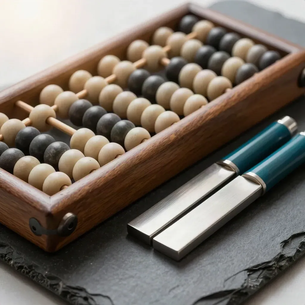 Oak abacus with matte beads and metal counters on stone, lit in a premium macro still life