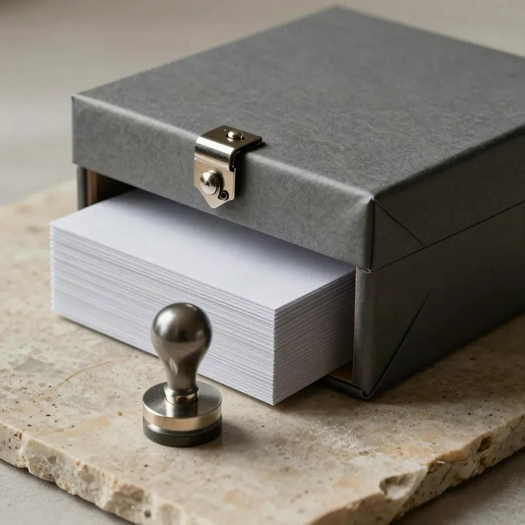 Audit-sealed lease file box with frosted dividers and a metal stamp on stone.