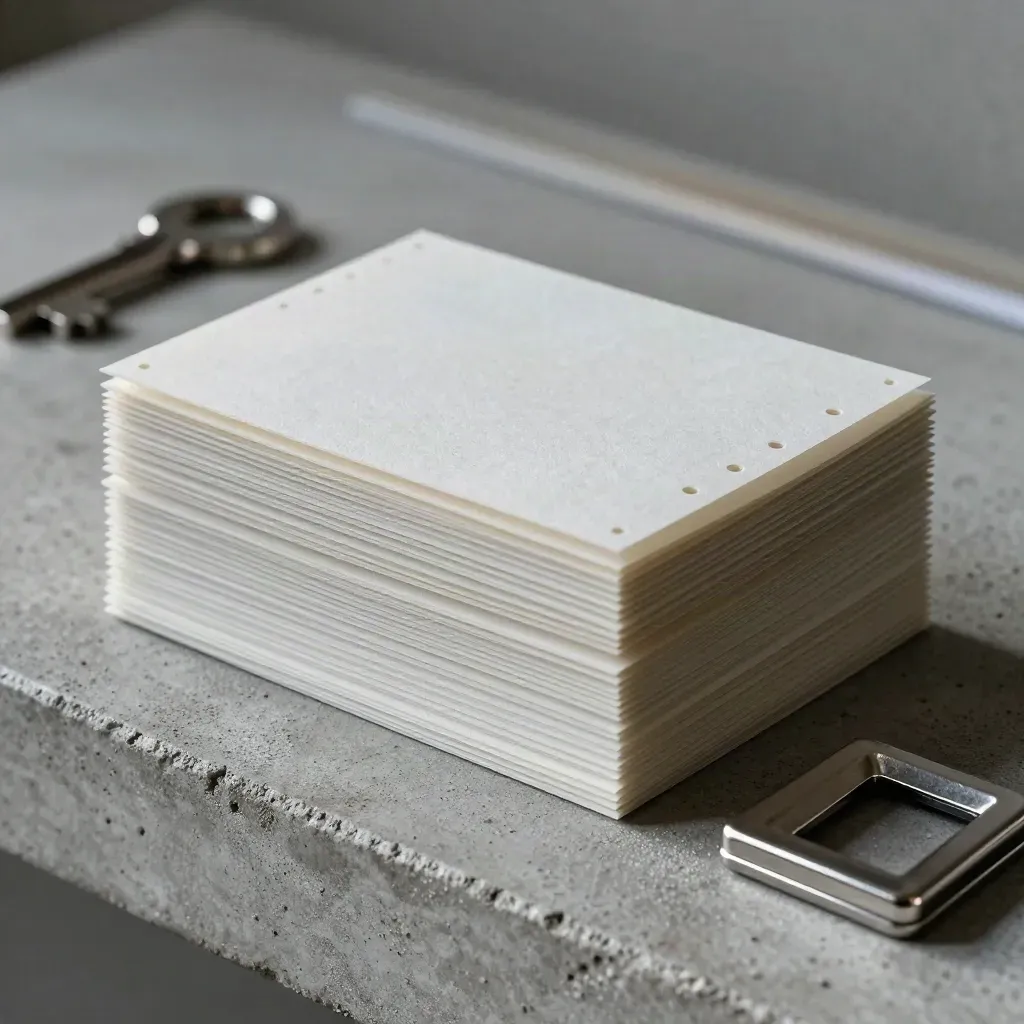 Frosted binder tabs, punched sheets, and silver clips on concrete in side light.