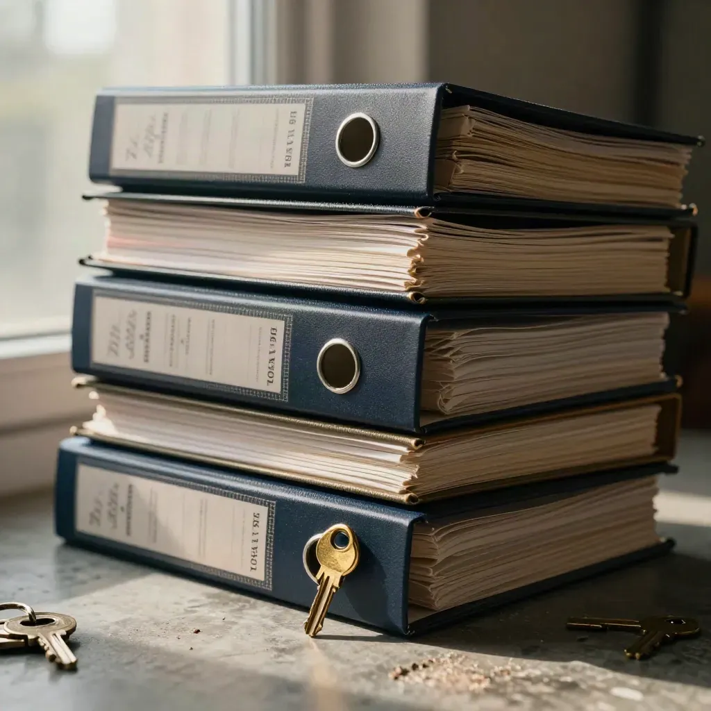 Stacked lease binders and brass key rings in macro detail.