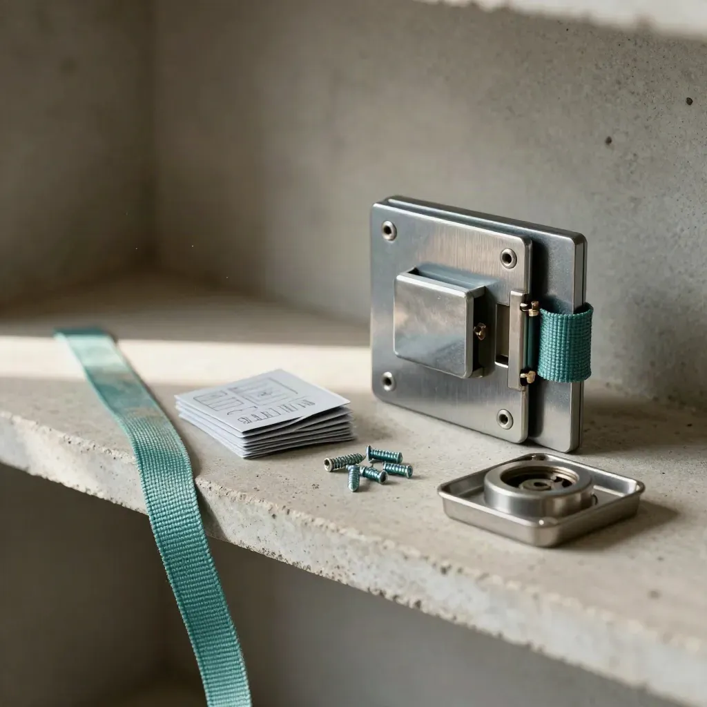 Lock rekey parts and door latch hardware staged on a concrete shelf with a teal strap foreground.