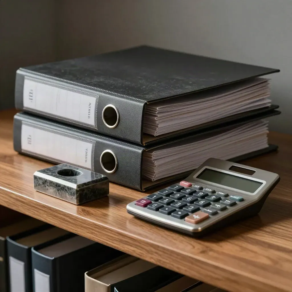 Stacked binders, metal calculator, and stone paperweight on an archive shelf in dramatic light.