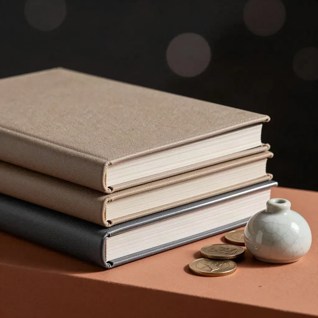 Matte binders, silver coin tray, and ceramic paperweight on terracotta plaster.