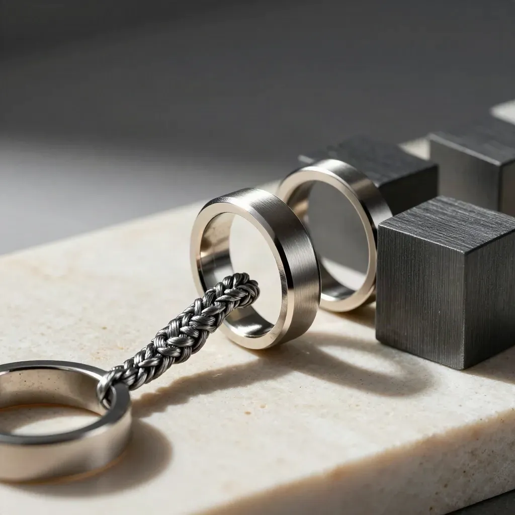 Machined rings and connector blocks linked in a premium still life on stone.