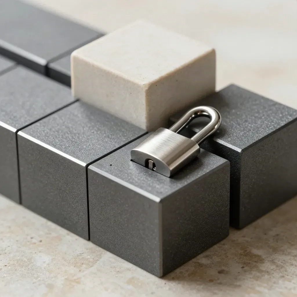 Graphite blocks, a stepped ceramic cube and a silver lock pin on honed limestone.