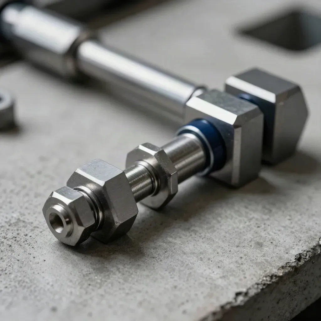 Macro of metal couplers, fasteners, and a linked rail on concrete with navy accent.
