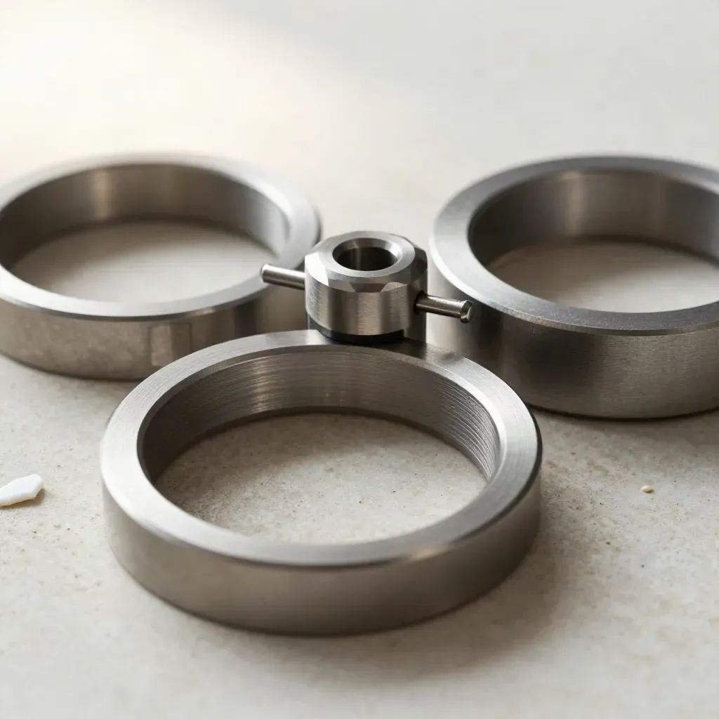 Brushed metal rings and alignment pins forming a premium connection still life on stone.
