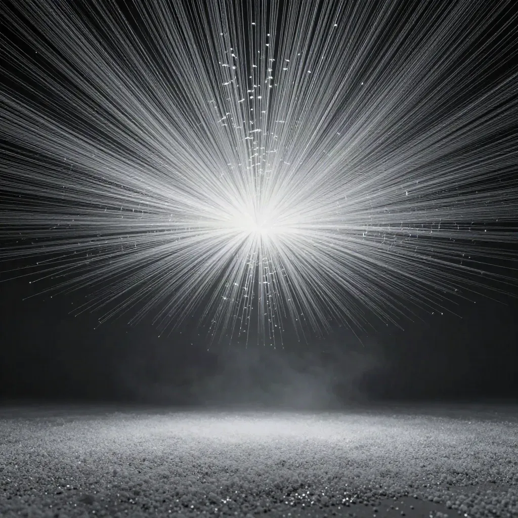Abstract silver filaments converging into a soft off-centre bloom in dark graphite haze.