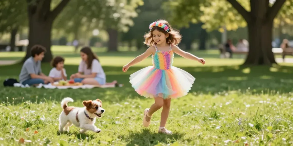 Joyful girl in tutu dress playing in the park, embodying the spirit of tutu-store.com