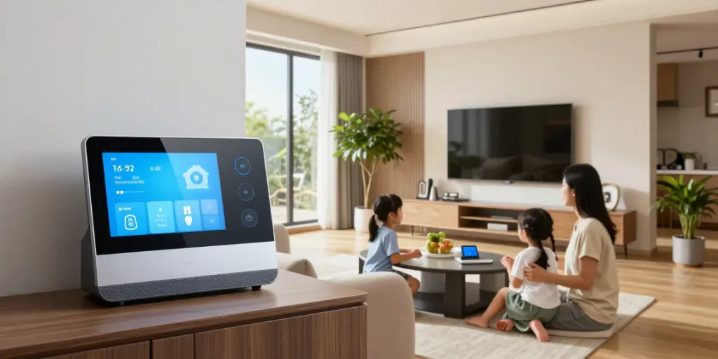 Family enjoying smart home features, highlighting جهان اسمارت technology integration.