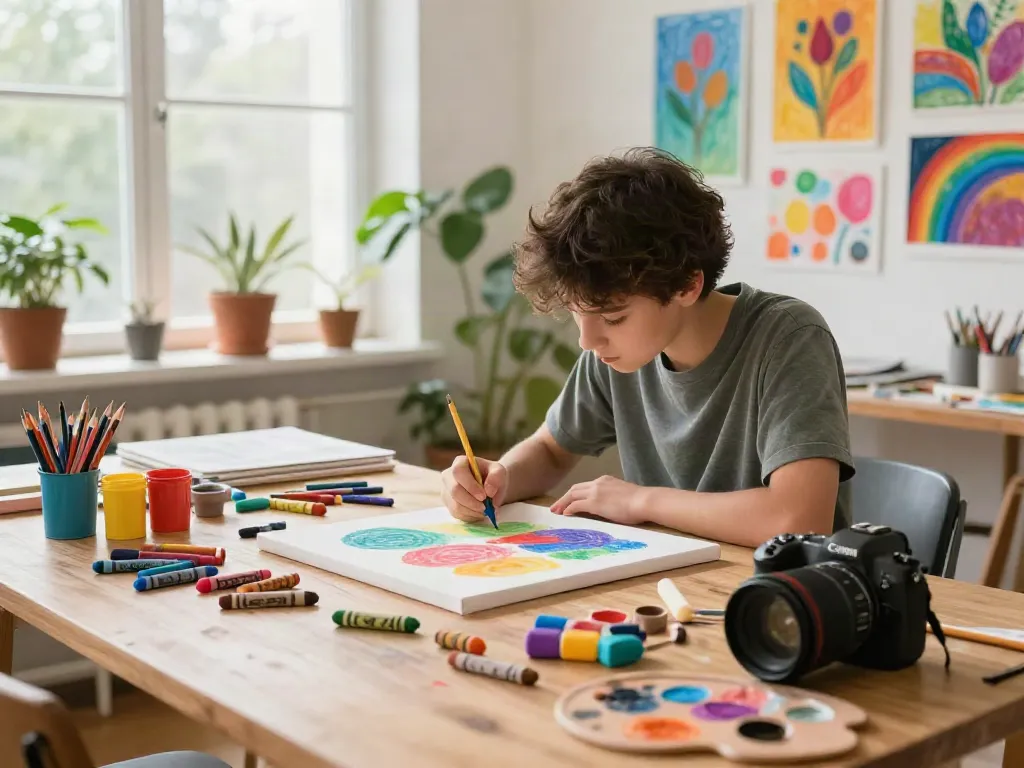 Artist exploring vibrant crayon techniques in a colorful studio, showcasing the crayon supplier's diverse product range.