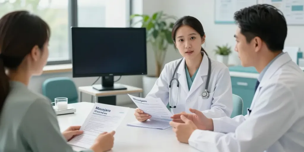 Mounjaro 10 mg Prezzo discussed in a modern healthcare consultation setting, showcasing professional interaction and patient education.