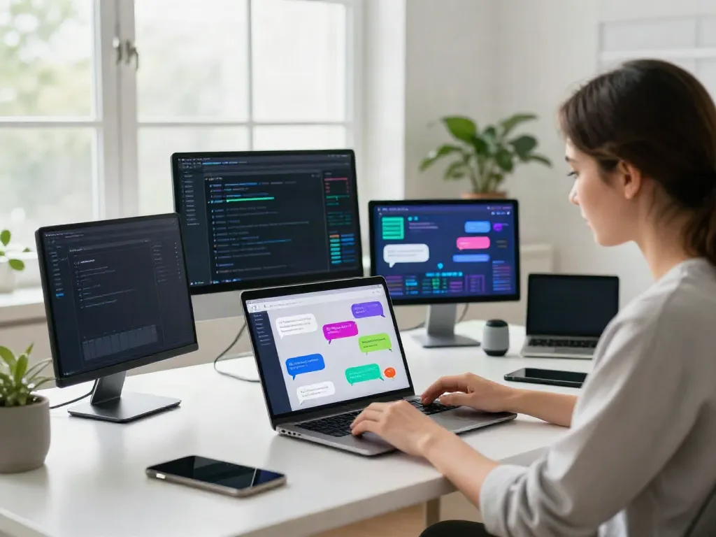 Engaged user interacting with an unfiltered AI chat platform in a vibrant tech workspace.